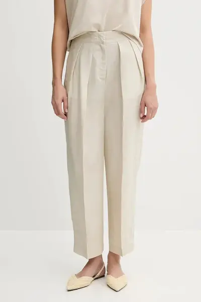 Kalhoty s příměsí lnu United Colors of Benetton dámské, béžová barva, high waist, 45BVDF09B