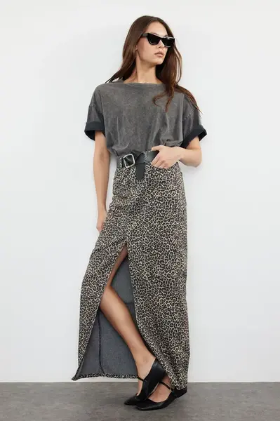 Trendyol Multicolored Leopard Patterned Brown Midi Denim Skirt