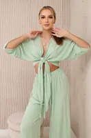 Dámský komplet halenka se zavazováním + kalhoty - mintová