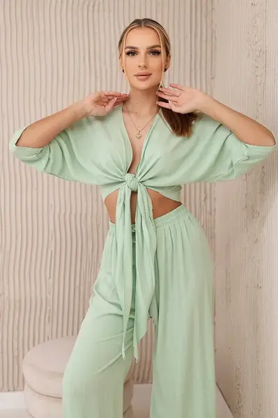 Dámský komplet halenka se zavazováním + kalhoty - mintová