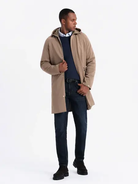 Ombre Men's hooded coat in fine stripe - coffee