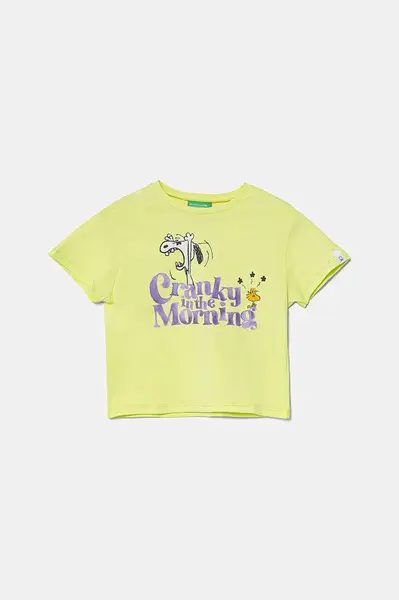 Dětské bavlněné tričko United Colors of Benetton zelená barva, s potiskem, 3X1SG10I9