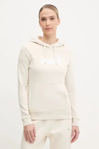 Mikina Puma dámská, béžová barva, s kapucí, s potiskem, 682391