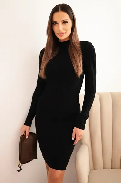 Kesi Włoski Dámská viskózová pruhovaná šaty s dlouhým rukávem a stojáčkem černá