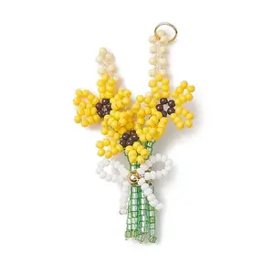 3D Glass Seed Beaded Bouquet with Bowknot Pendants