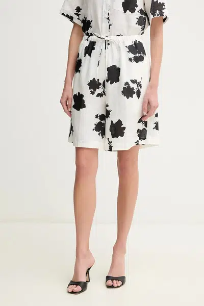 Lněné kraťasy Liviana Conti dámské, bílá barva, vzorované, high waist, L5SL57