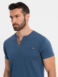 Ombre Men's T-shirt with button neckline and suede trim - dark blue
