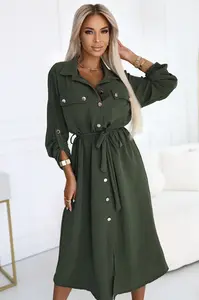 531-5 Midi Shirt Dress with Gold Buttons and Tie - KHAKI