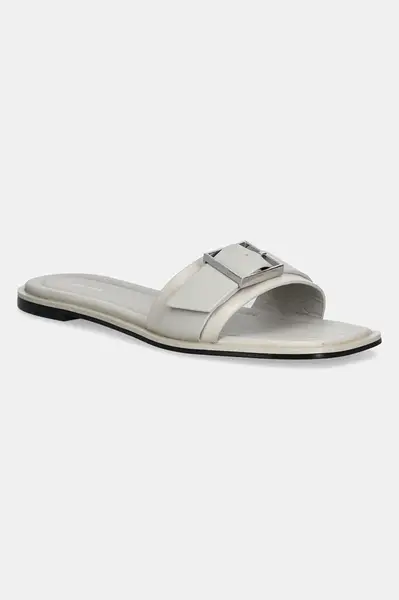 Kožené pantofle Calvin Klein FLAT SLIDE W/BUCKLE - LTH dámské, béžová barva, HW0HW02490