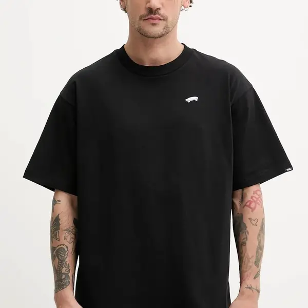 Bavlněné tričko Vans černá barva, s aplikací, VN000P56BLK1