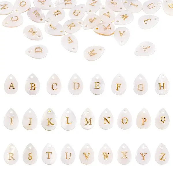 26Pcs 26 Styles Natural Shell Teardrop Charms with Golden Tone Metal Letter Slices