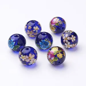 Flower Picture Transparent Glass Round Beads