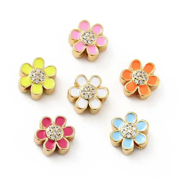Flower Brass Micro Pave Clear Cubic Zirconia Beads