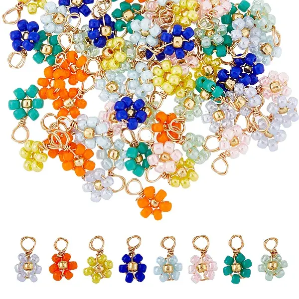 80Pcs 8 Color Glass Seed Beaded Flower Charms