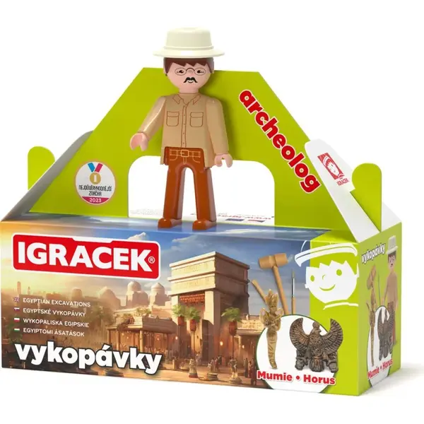 Igráček Archeológ - figúrka s egyptskými vykopávkami Múmie a sošky boha Hóra