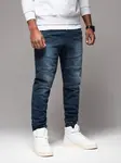 Ombre Men's denim jogger pants with rips and zippers - dark blue