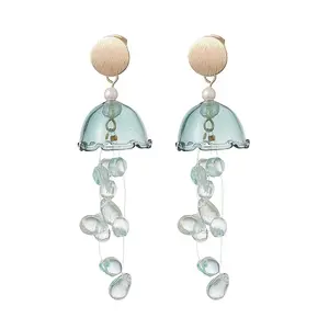 Glass Jellyfish with Shell Pearl Beaded Dangle Stud Earrings
