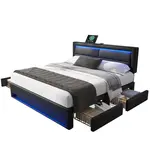 FLIEKS ČALOUNĚNÁ POSTEL 140x200 Černá PU LED USB 4 Zásuvky