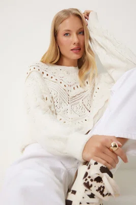 Happiness İstanbul Women's Cream Lace Detailed Openwork Knitted Sweater