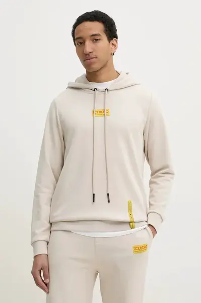 Mikina Iceberg pánská, béžová barva, s kapucí, s aplikací, E040 6317