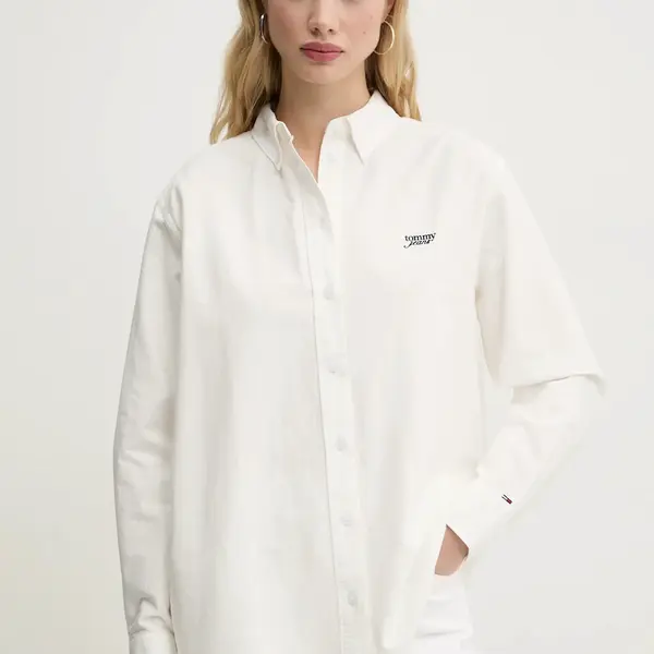 Bavlněná košile Tommy Jeans béžová barva, relaxed, s klasickým límcem, DW0DW19358