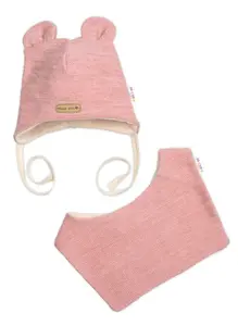Baby Nellys Pletená čepice s šátkem 2v1, Teddy Hand made - růžová, 68/74