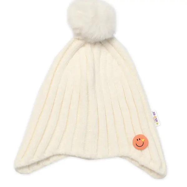 Baby Nellys Zimní čepice s bambulí Smile, smetanová,48-54 cm