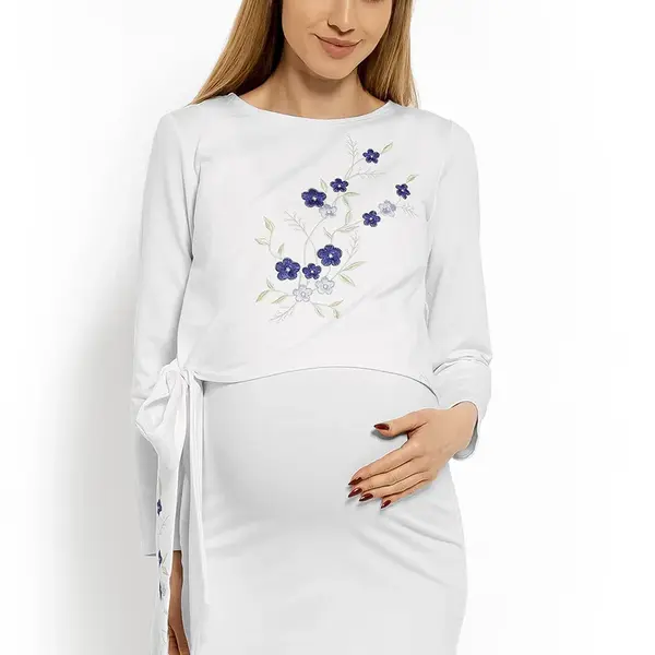 bemaamaa Elegantní těhotenské šaty, tunika s výšivkou a stuhou, XXL - bílé (kojící)