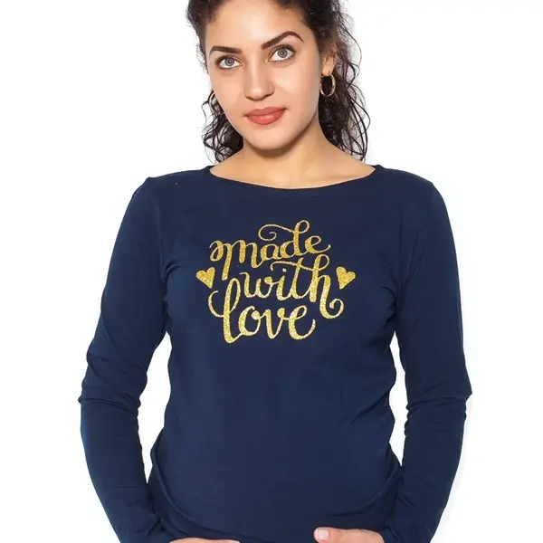 bemaamaa Těhotenské triko dlouhý rukáv Made with Love - tm. modrá - XL