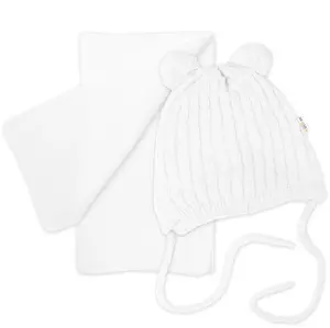 Baby Nellys Zimní čepice na zavazování s bambulky + šál, bílá vel.  74/80