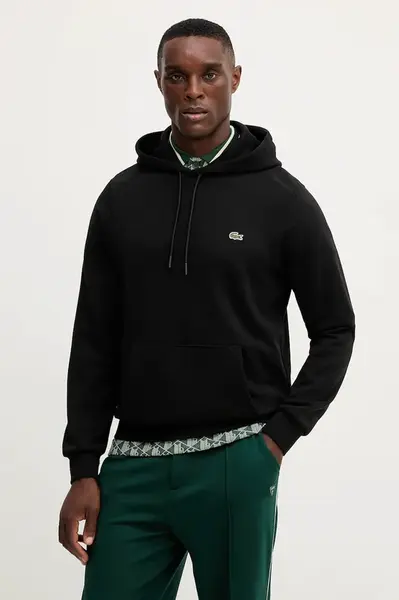 Bavlněná mikina Lacoste pánská, černá barva, s kapucí, hladká, SH9839