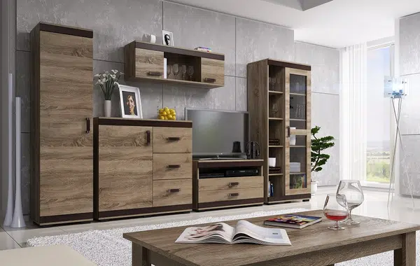 Obývací stěna Bodzio Barva korpusu: Trufla, Lišta: Wenge, Barva dvířek: Šedá