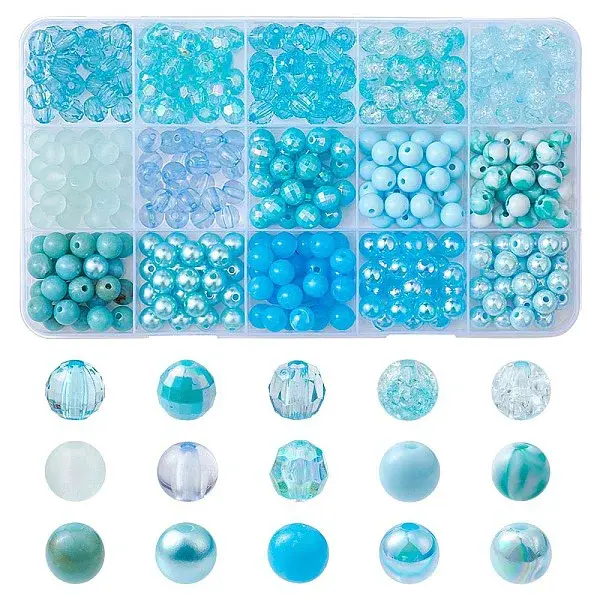 375Pcs 15 Style Blue Theme Transparent Crackle & Opaque Acrylic Beads