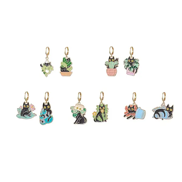 10Pcs 10 Styles Cat Shape Alloy Enamel Dangle Earrings