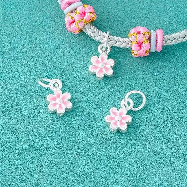 925 Sterling Silver Enamel Pink Flower Charms