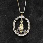 Brass Clear & Blue Cubic Zirconia Nossa Senhora Aparecida Virgin Pendant Necklaces for Women
