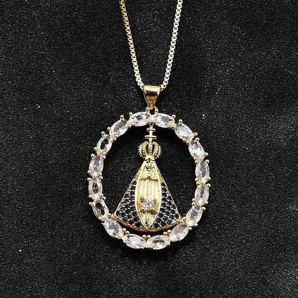 Brass Clear & Blue Cubic Zirconia Nossa Senhora Aparecida Virgin Pendant Necklaces for Women