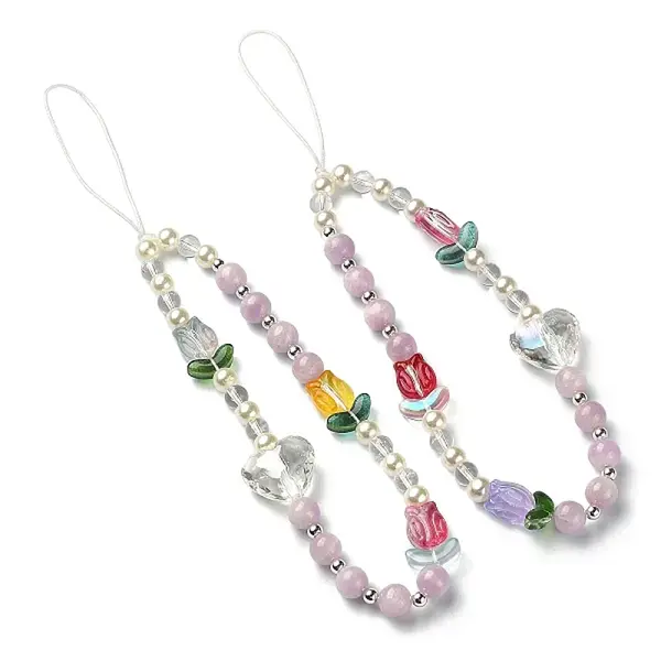 Tulip & Heart Natural Kunzite/Quartz Crystal & Glass Beaded Mobile Straps
