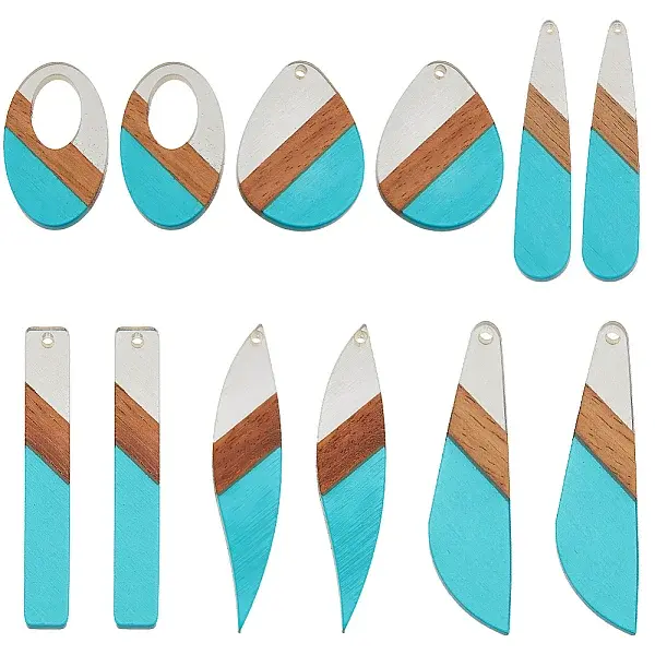 12Pcs 6 Styles Transparent Resin & Walnut Wood Big Pendants