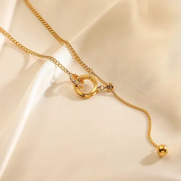 304 Stainless Steel Micro Pave Clear Cubic Zirconia Ring Pendant Twisted Chain Lariat Necklaces