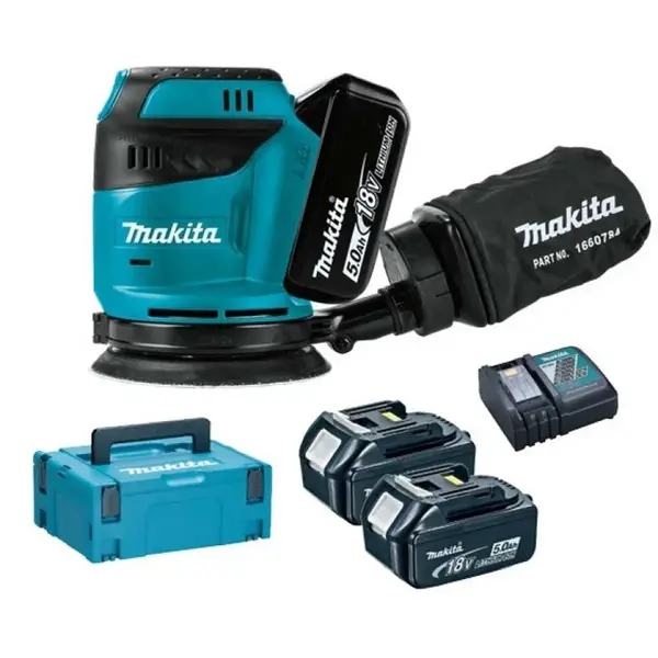 Makita Nářadí - 18V AKU excentrická bruska 125 mm, 2x aku 5,0 Ah LXT, nabíječka DBO180RTJ