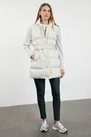 Trendyol Ecru Oversize Hooded Belted Water Repellent Winter Puffer Vest
