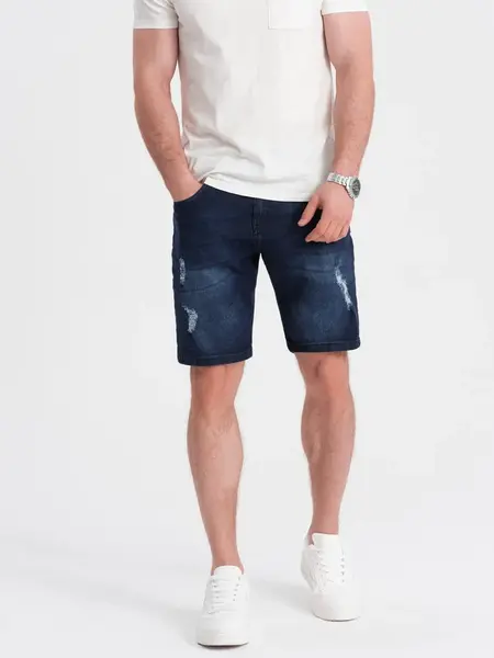 Ombre Men's denim short shorts with holes - dark blue