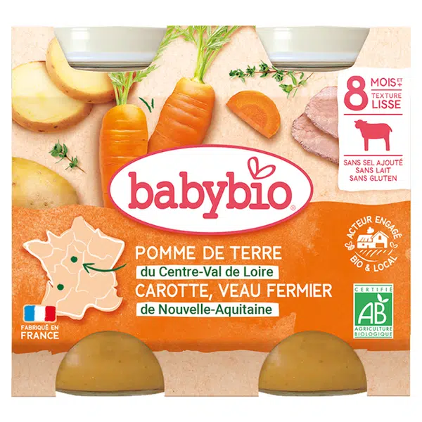 BABYBIO Brambory s mrkví, rajčaty a telecím masem 2x200 g