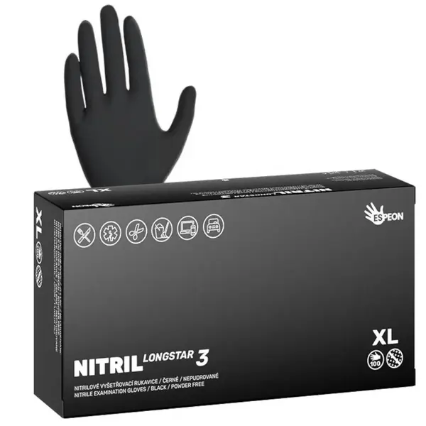 Silné prodloužené nitrilové rukavice se zdrsněným povrchem Espeon Nitril Longstar 3 - 100 ks, černé, velikost XL (100194) + dárek zdarma