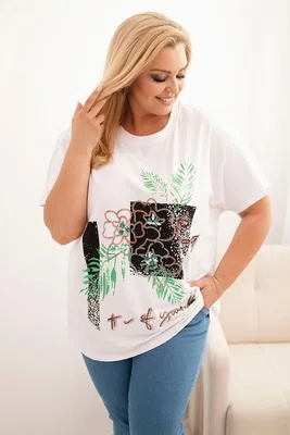 Kesi Włoski Dámská bavlněná halenka Plus Size s ozdobným květinovým potiskem bílá + zelená