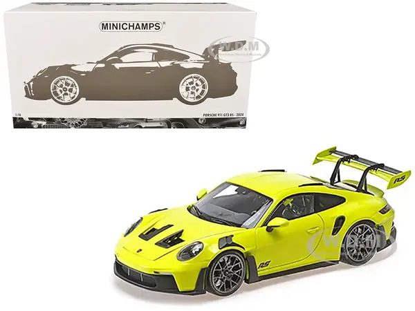 2024 Porsche 911 GT3 RS Acid Green with Carbon Top and Hood Stripes Limited Edition to 400 pieces Worldwide 1/18 Diecast Model Car by Minichamps