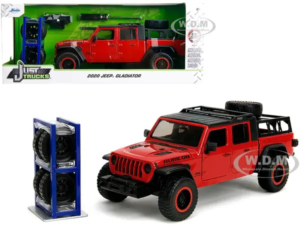 2020 Jeep Gladiator Rubicon Pickup Truck Red with Black Top and Extra Wheels "Just Trucks" Series 1/24 Diecast Model Car by Jada