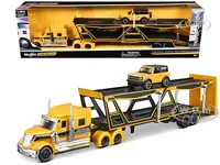 International Lonestar Open Car Hauler Yellow with Black Stripes and 2021 Ford Bronco Badlands Yellow with Black Top "Transporters" Series 1/64 Dieca