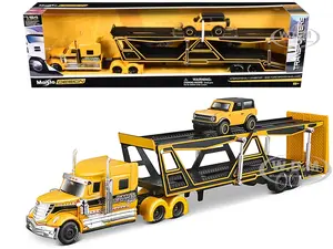 International Lonestar Open Car Hauler Yellow with Black Stripes and 2021 Ford Bronco Badlands Yellow with Black Top "Transporters" Series 1/64 Dieca